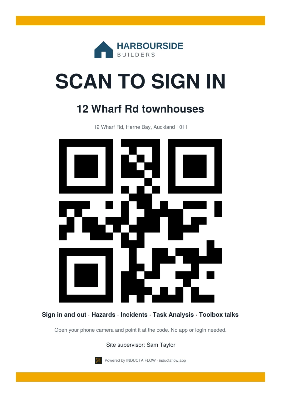 An example Inducta Flow sign for Harbourside Builders: the builder's logo, SCAN TO SIGN IN, the site name and address, a large QR code, the forms it opens, the site supervisor's name and an amber band top and bottom.